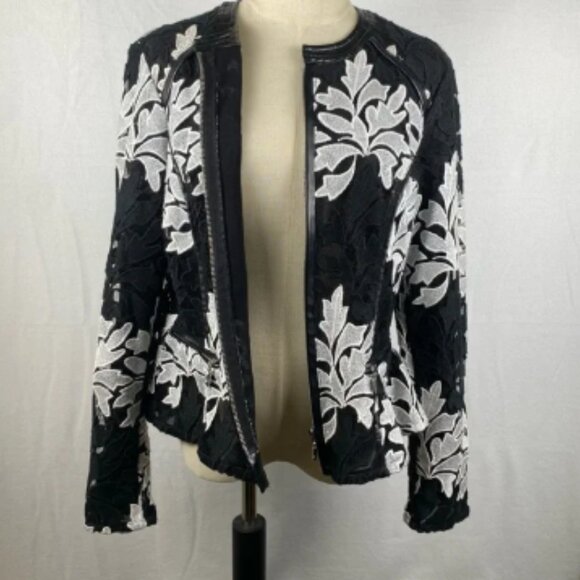 INC International Concepts | Black & White Lace Peplum Jacket | Women’s Medium - Picture 9 of 16